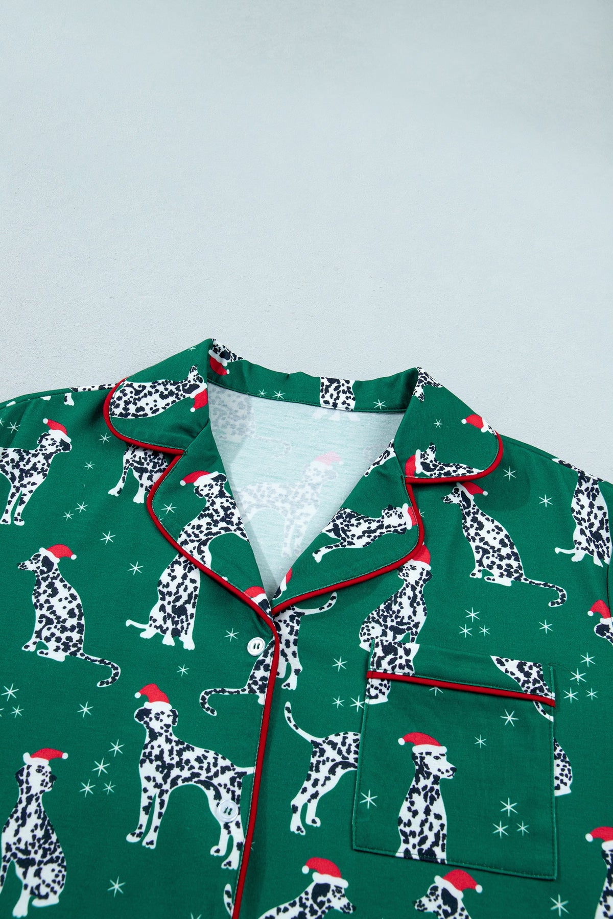 green Christmas Dalmatian pajama set with button top and shorts boutique loungewear