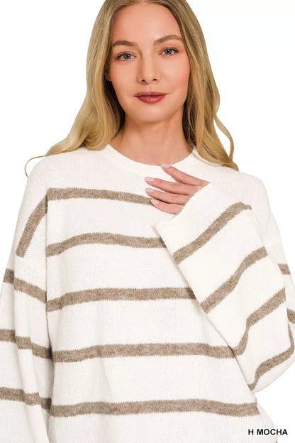Mocha wool blend striped sweater with horizontal stripes, long sleeves, relaxed boutique style view 6