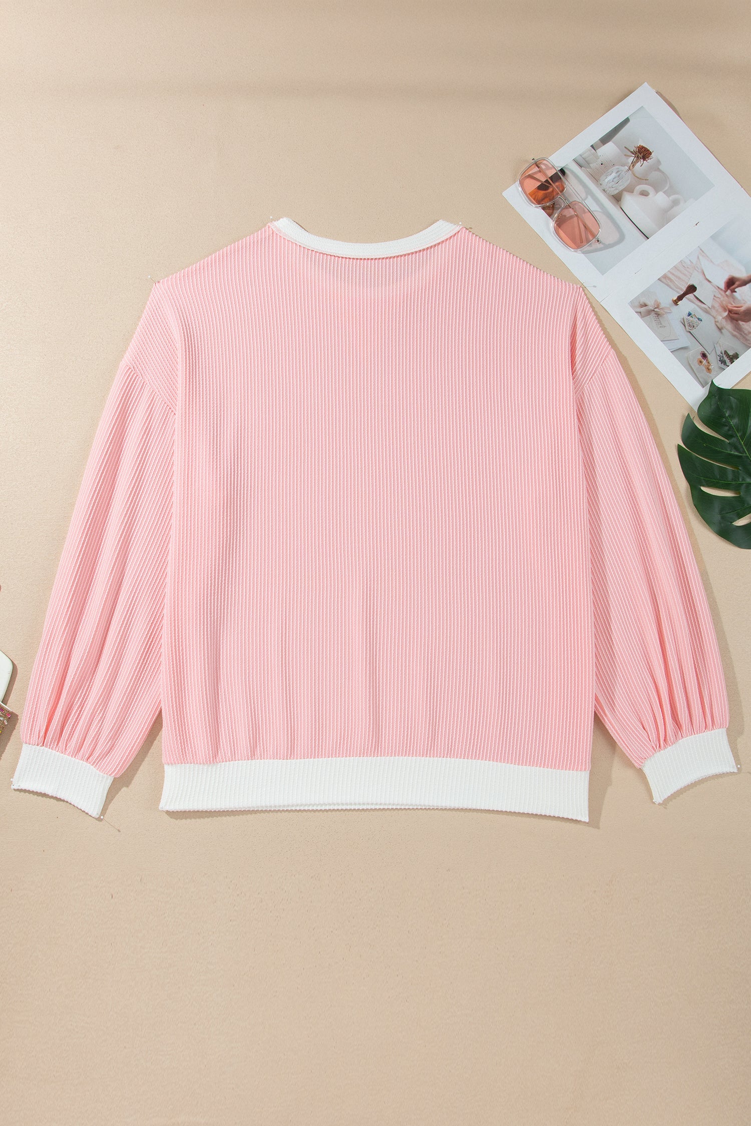 Plus Size Pink Colorblock Ribbed Knit Top with stretchy ribbed knit, contrast accents, and an easy plus-size fit, boutique fashion