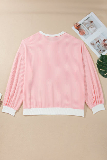 Plus Size Pink Colorblock Ribbed Knit Top with stretchy ribbed knit, contrast accents, and an easy plus-size fit, boutique fashion