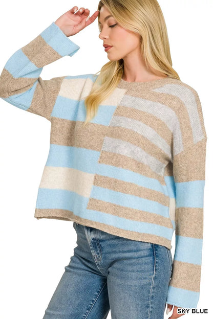 Sky blue color block wool blend sweater with ribbed trim and relaxed fit - view 3