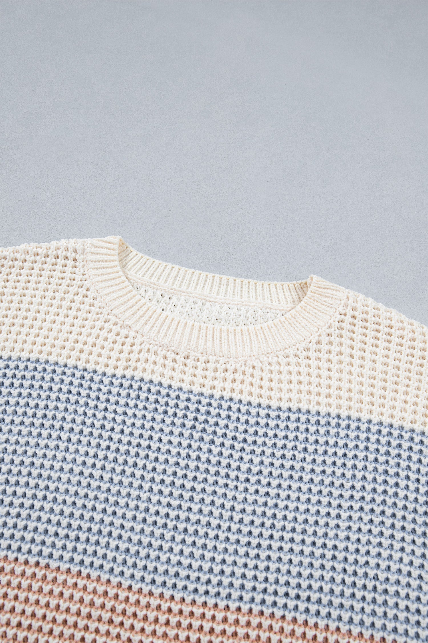 Light Blue colorblock stripe drop shoulder round neck sweater with colorblock stripes, round neckline and relaxed drop shoulders, women’s boutique fashion