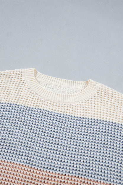 Light Blue colorblock stripe drop shoulder round neck sweater with colorblock stripes, round neckline and relaxed drop shoulders, women’s boutique fashion