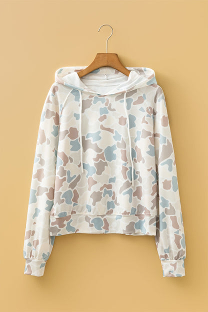 Beige Camo Long Sleeve Hooded Pullover with a cozy hood, long sleeves, and relaxed camouflage style, boutique fashion