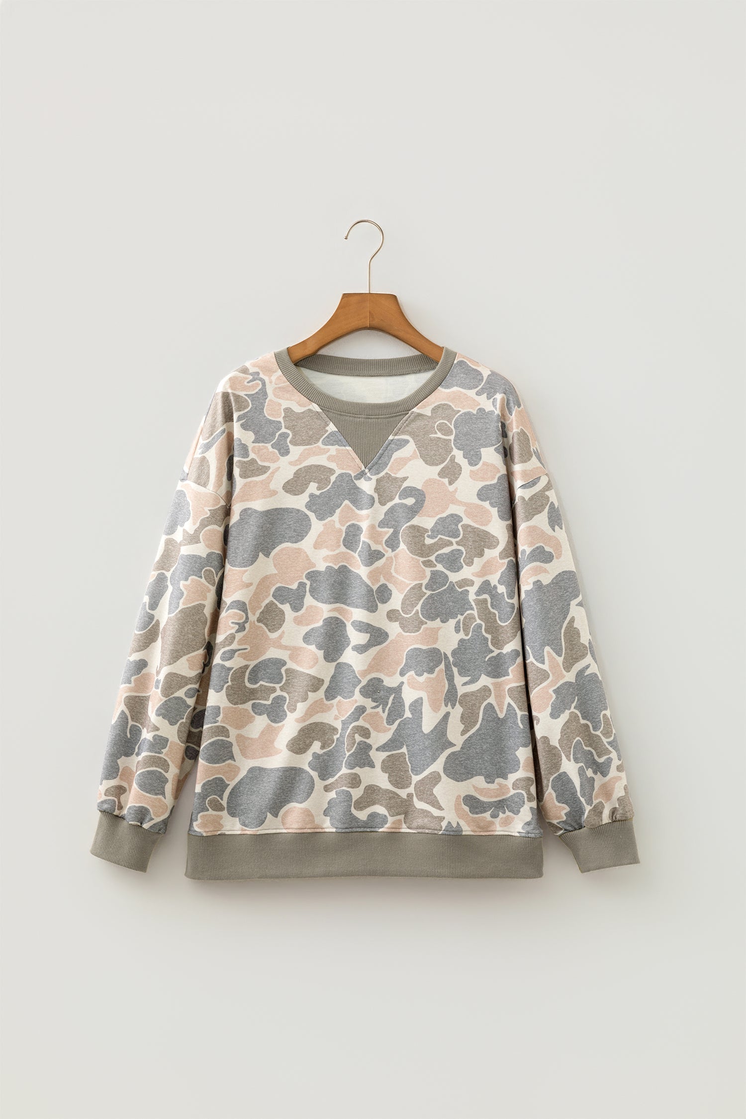 Multicolour Camo Ribbed Trim Crew Neck Sweatshirt with a crew neckline, ribbed trim, and casual camo style, boutique fashion