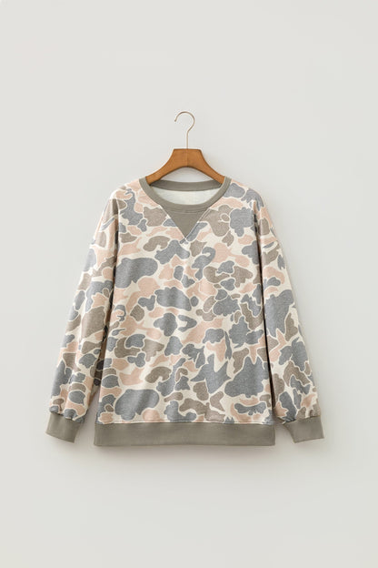 Multicolour Camo Ribbed Trim Crew Neck Sweatshirt with a crew neckline, ribbed trim, and casual camo style, boutique fashion