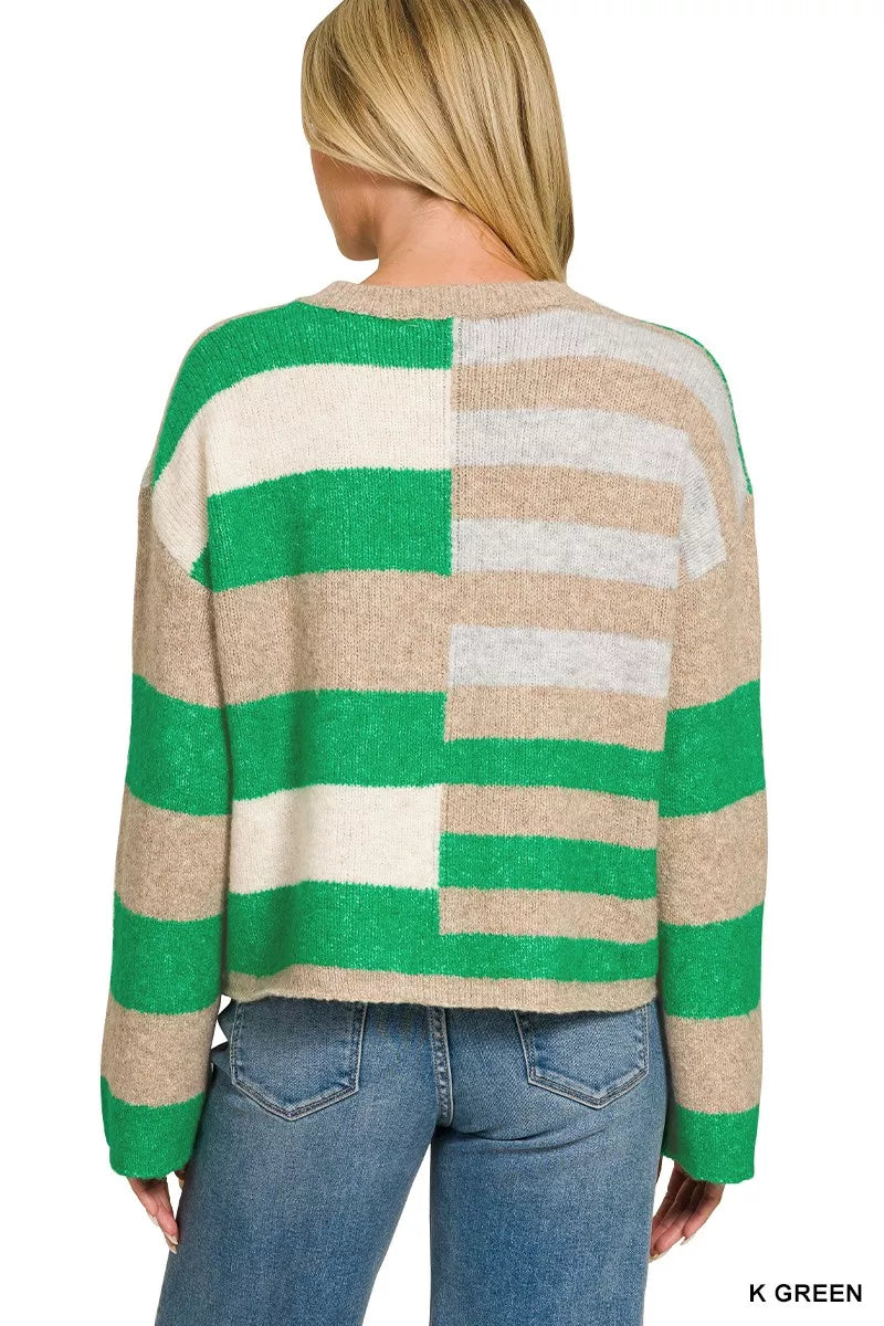 Kelly green color block wool blend sweater with ribbed trim and relaxed fit - view 3