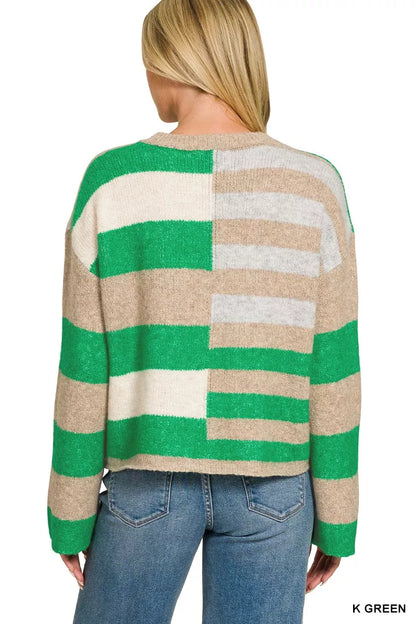 Kelly green color block wool blend sweater with ribbed trim and relaxed fit - view 3