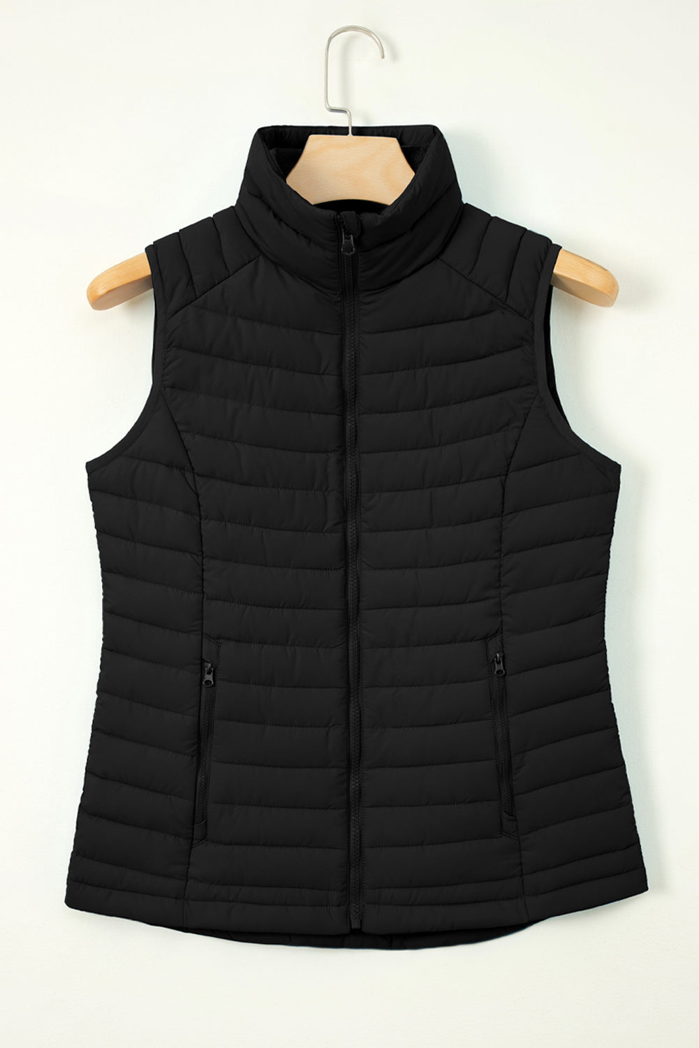 black plush stand collar zip-up puffer vest boutique outerwear