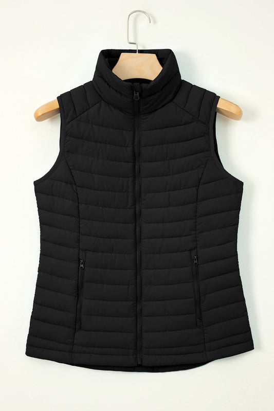 black plush stand collar zip-up puffer vest boutique outerwear