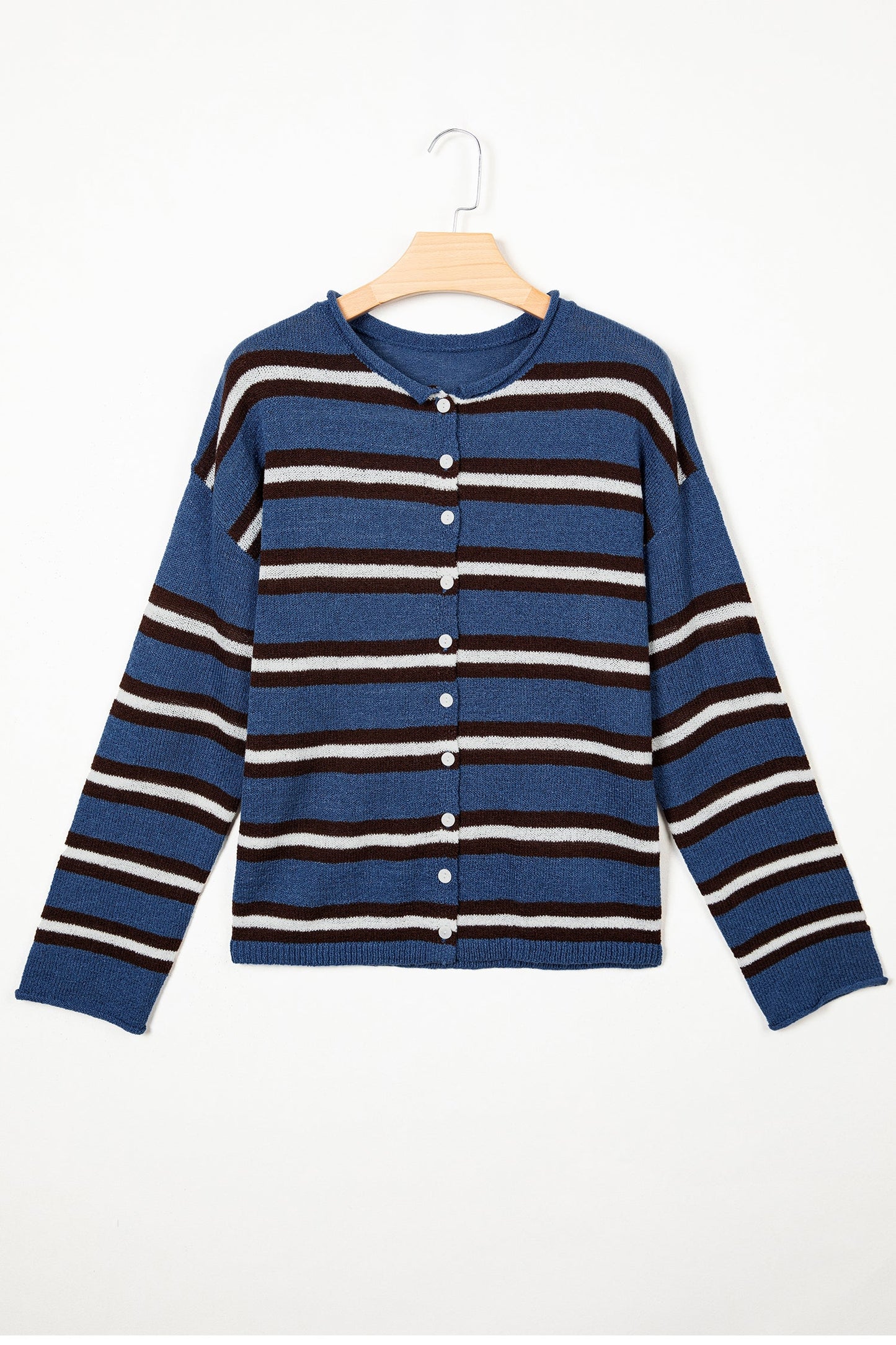 multiple colors Stripe Drop Shoulder Button Cardigan with soft knit, drop shoulders, and versatile button-front styling, boutique fashion
