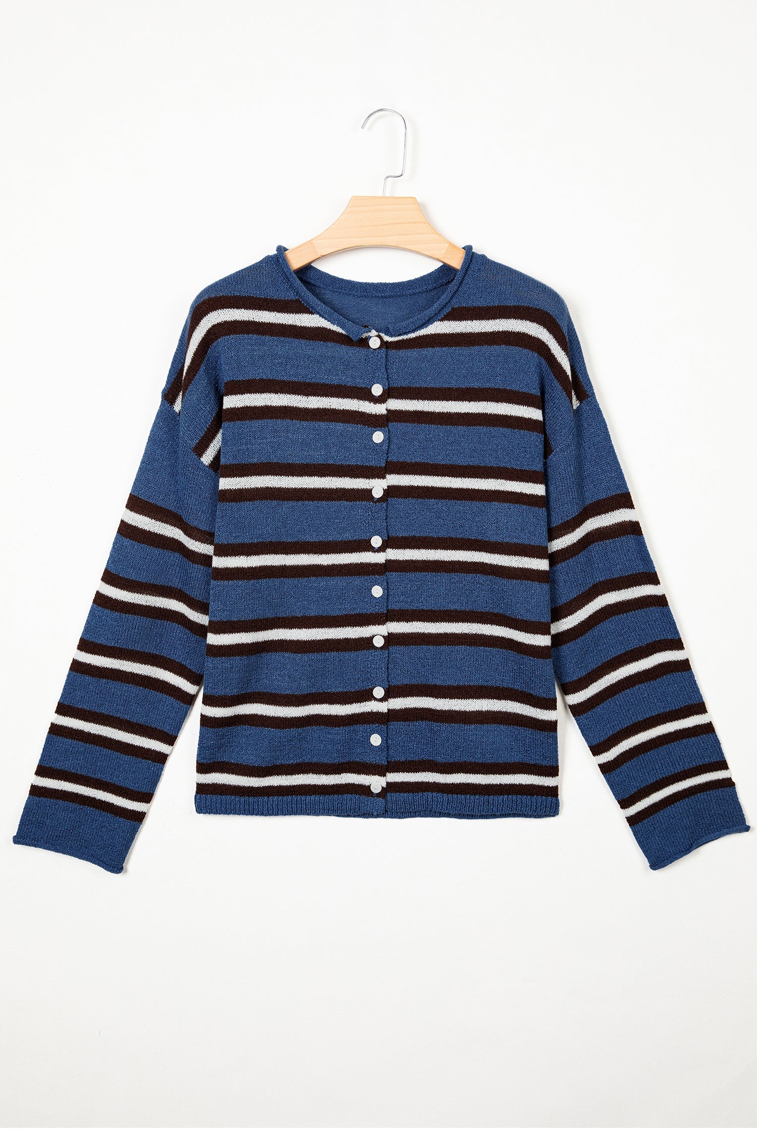 multiple colors Stripe Drop Shoulder Button Cardigan with soft knit, drop shoulders, and versatile button-front styling, boutique fashion