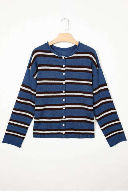 multiple colors Stripe Drop Shoulder Button Cardigan with soft knit, drop shoulders, and versatile button-front styling, boutique fashion
