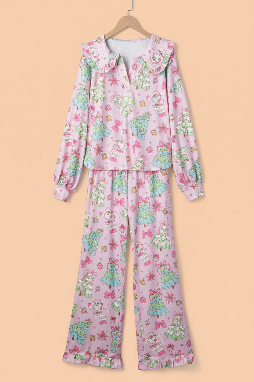 pink Christmas pajama set with ruffle collar, long sleeves and festive print boutique loungewear