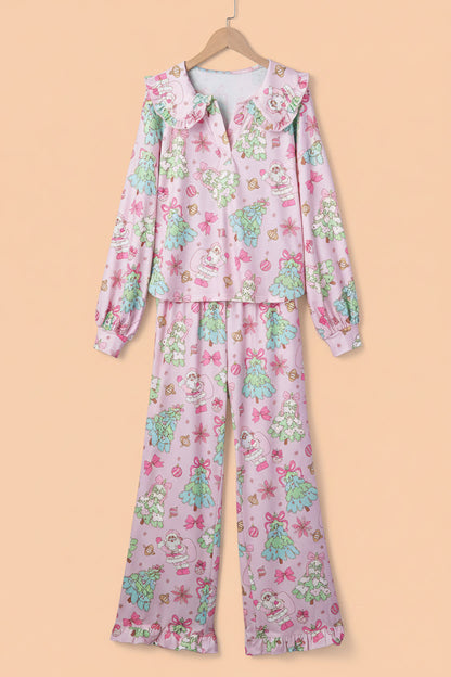 pink Christmas pajama set with ruffle collar, long sleeves and festive print boutique loungewear