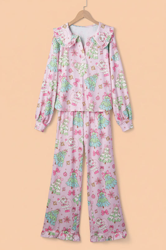 pink Christmas pajama set with ruffle collar, long sleeves and festive print boutique loungewear