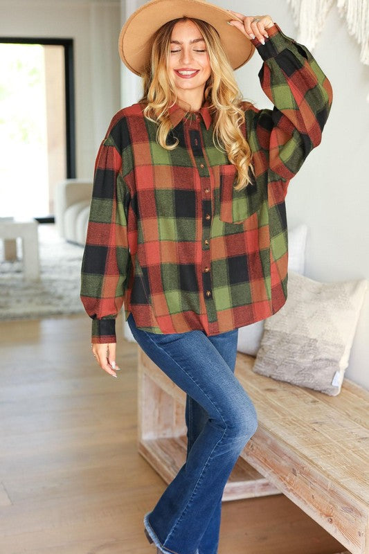 Haptics Olive & Rust Button Down Oversized Shirt