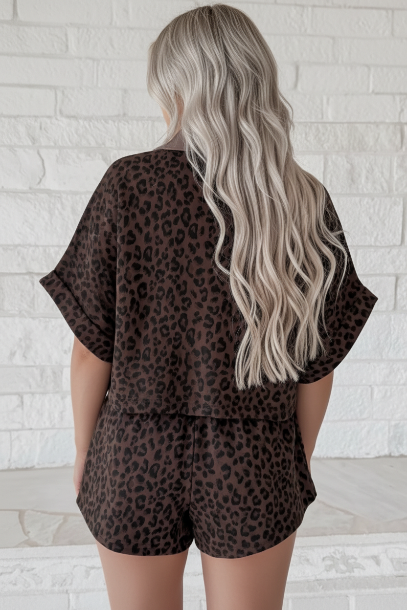 Brown leopard print collared V-neck top and matching shorts set boutique outfit