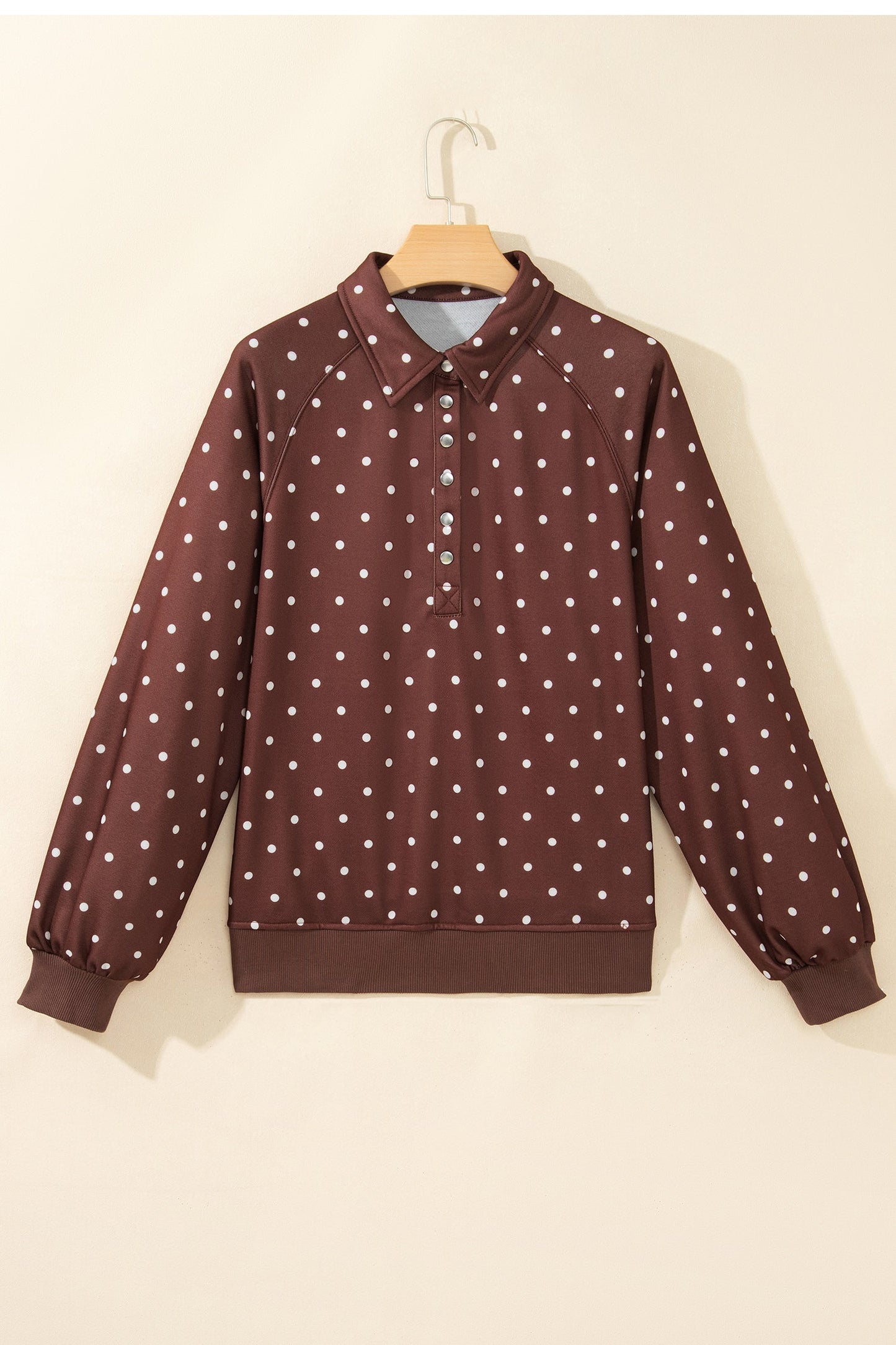 Brown polka dot button collar pullover sweatshirt with polka dot print, metal button collar and ribbed trim, women’s boutique fashion