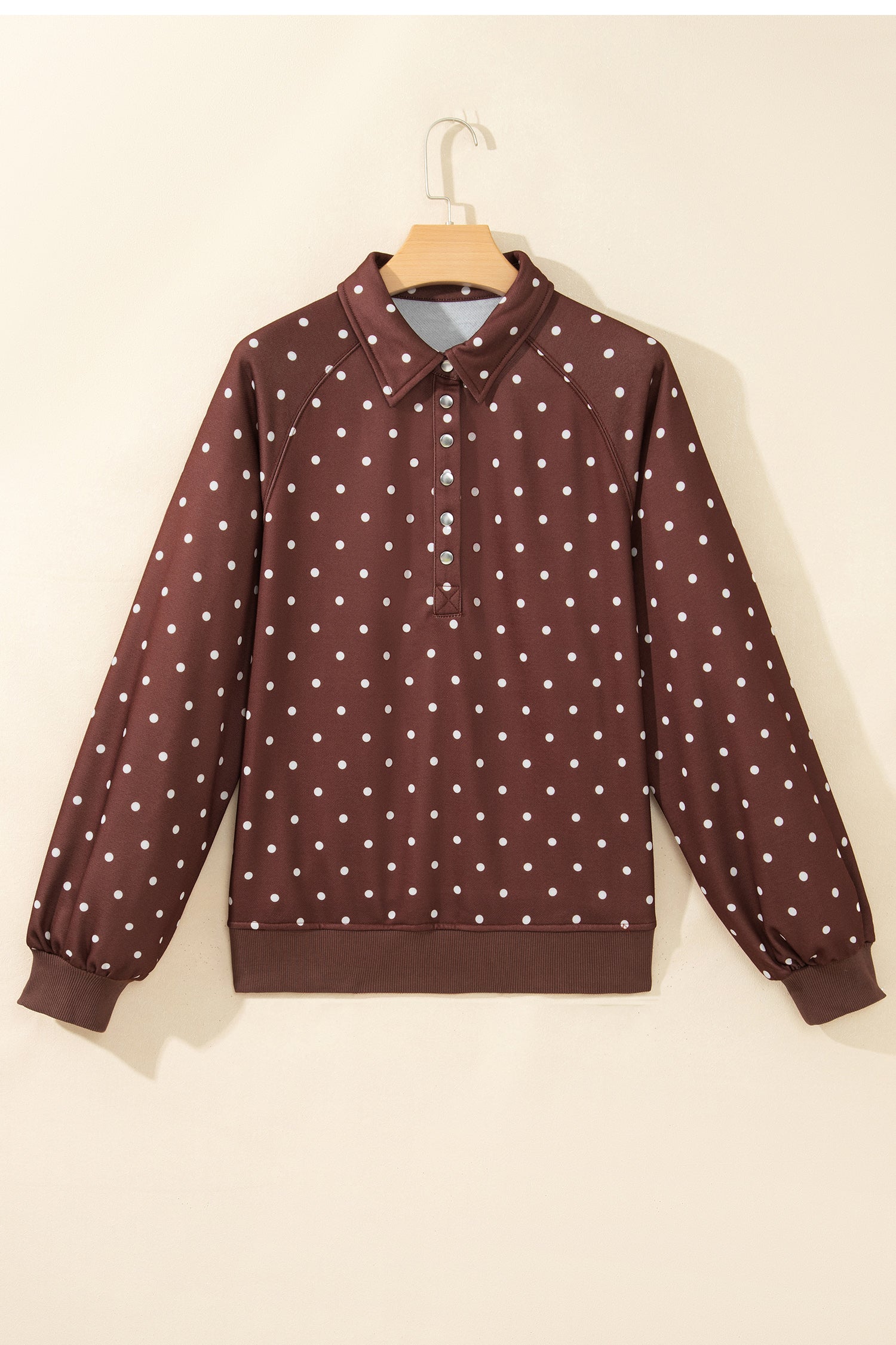 Brown polka dot button collar pullover sweatshirt with polka dot print, metal button collar and ribbed trim, women’s boutique fashion