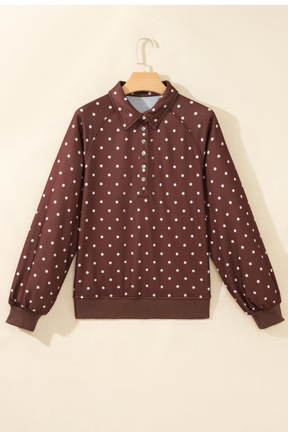 Brown polka dot button collar pullover sweatshirt with polka dot print, metal button collar and ribbed trim, women’s boutique fashion