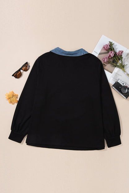plus size black V-neck knit blouse with contrast denim collar boutique top