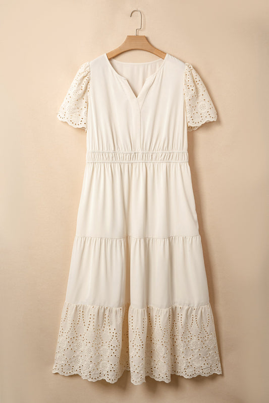 Plus Size Embroidered Eyelet Patchwork V-Neck Maxi Dress