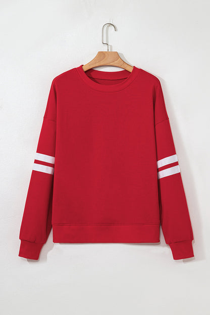 multiple colors Varsity Stripe Oversized Drop Shoulder Sweatshirt with varsity stripe details and an oversized drop-shoulder fit, boutique fashion
