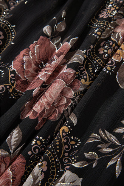 Black floral puff sleeve v-neck smocked waist dress with floral print, puff sleeves, V-neckline and smocked waist, women’s boutique fashion