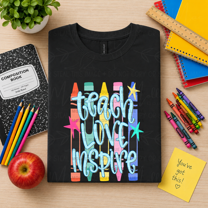 Teach Love Inspire Crayon Teacher Graphic Tee