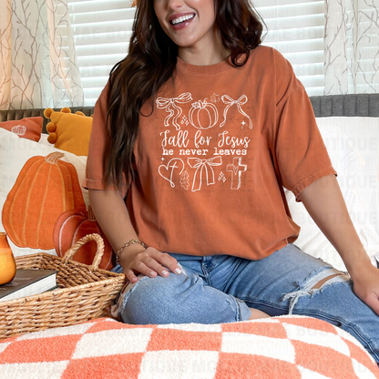 Fall for Jesus He Never Leaves – Doodle Graphic Tee