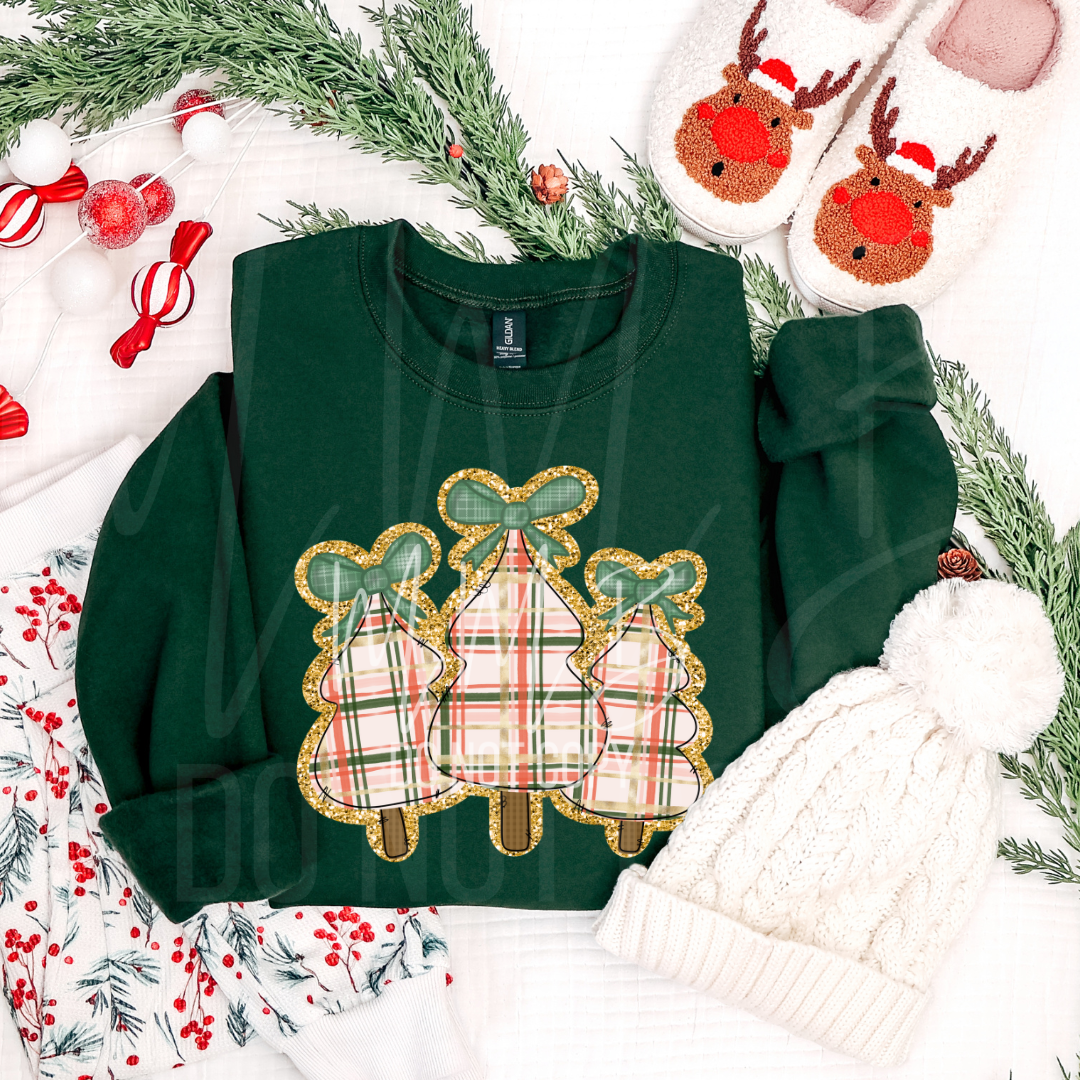 Plaid & Sparkle Pines Christmas Tee or Crewneck