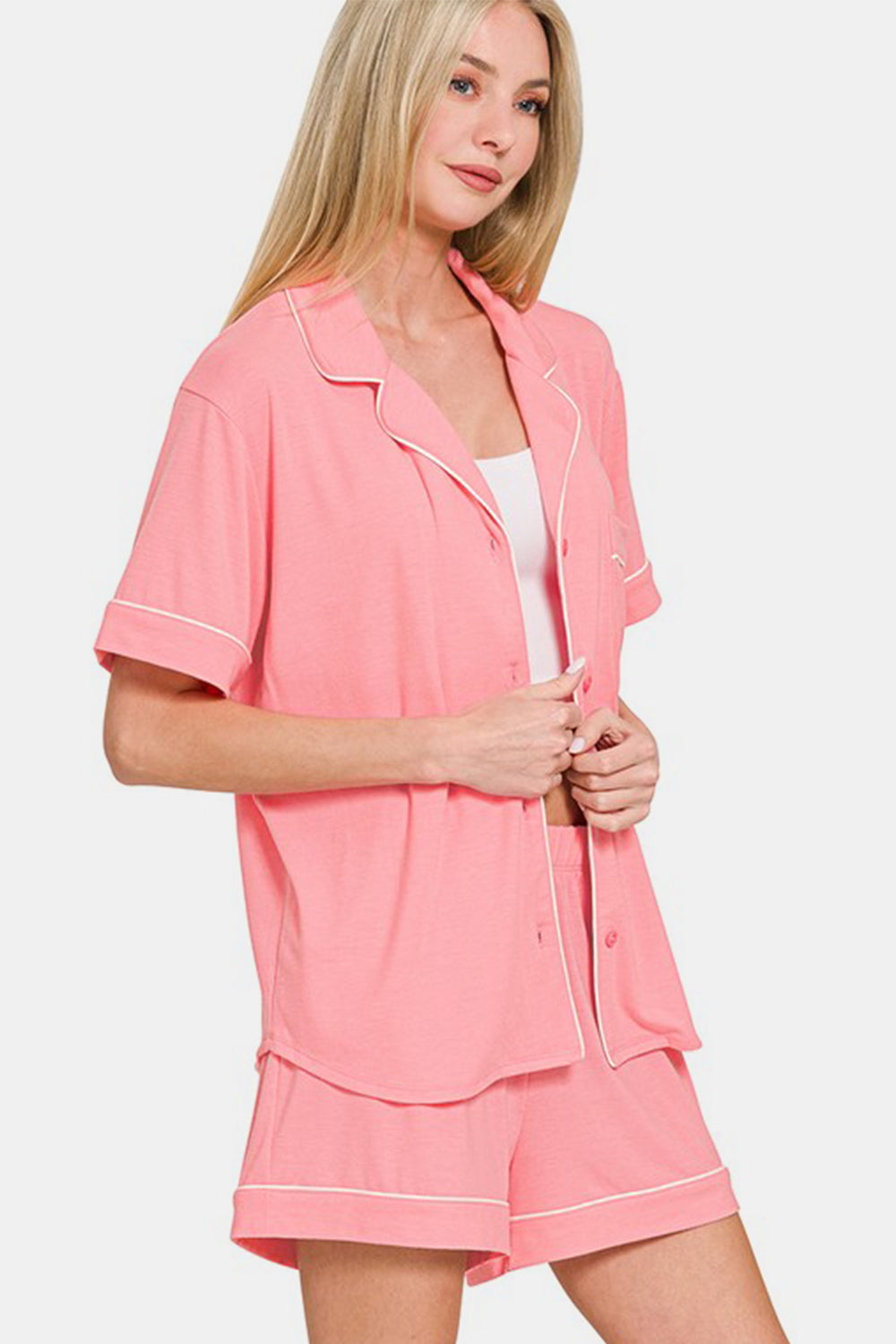 Zenana Button Down Short Sleeve Top and Shorts Lounge Set