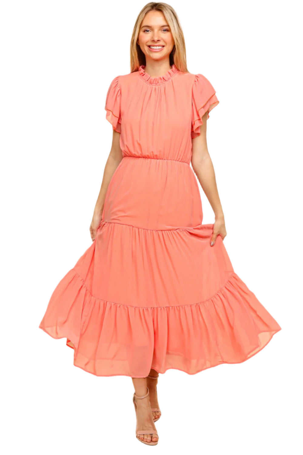 Haptics Full Size Tiered Frill Mock Neck Short Sleeve Dress