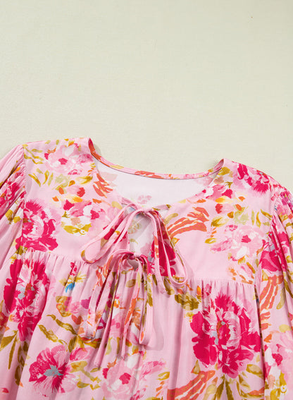 Plus Size Floral Tie V-Neck Puff Sleeve Top