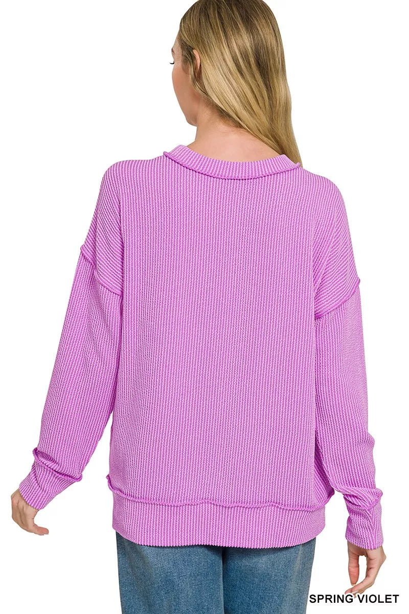 Zenana Corded Rib Long Sleeve Round Neck Top boutique fashion apparel with stylish details and comfortable fit