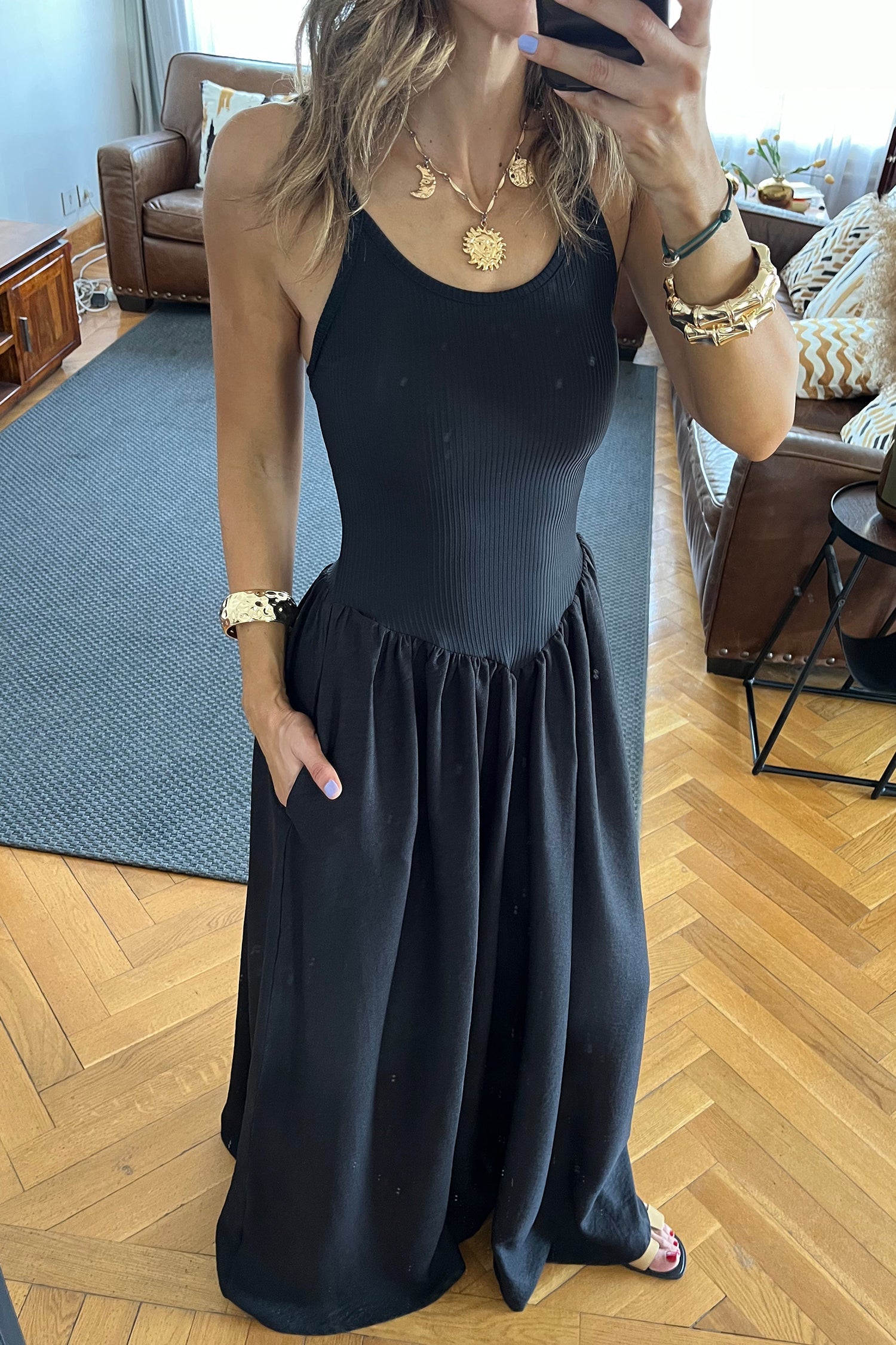 Solid Ribbed Patchwork Drop Waist Maxi Dress boutique apparel from Mollie Mae Boutique