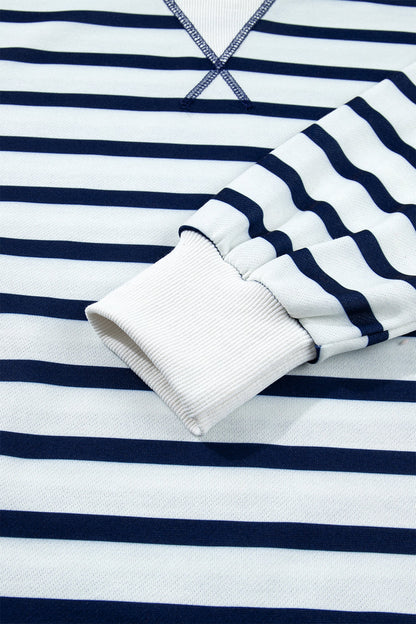 Blue Stripe Ribbed Trim Stand Neck Sweatshirt featuring boutique-style details and relaxed everyday fit