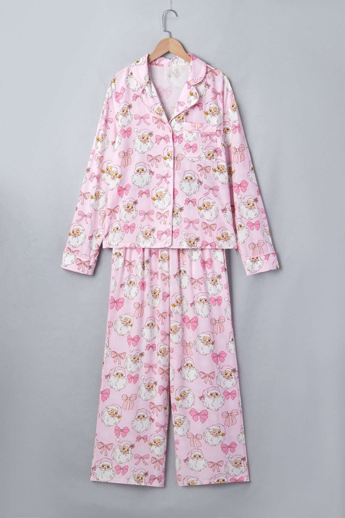 pink Santa Christmas pajama set with long sleeve top, pants and bow print boutique loungewear