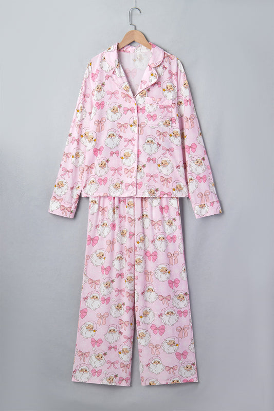 pink Santa Christmas pajama set with long sleeve top, pants and bow print boutique loungewear