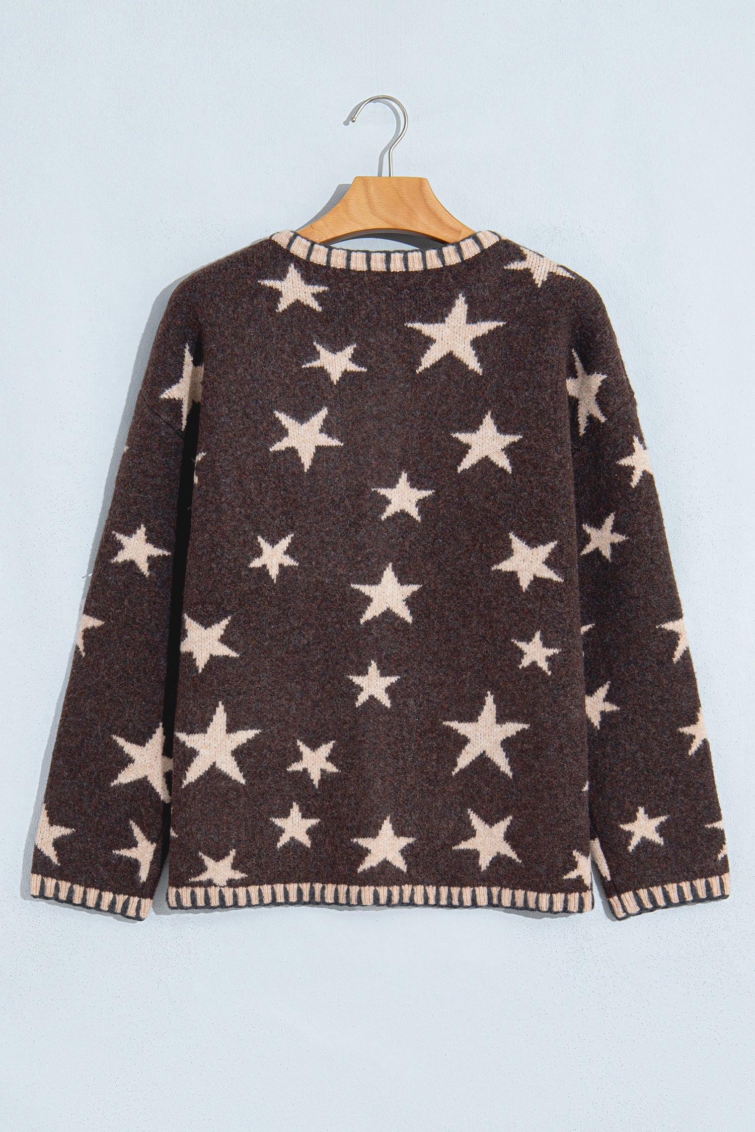 Brown Star Stripe Trim Long Sleeve Open Front Cardigan women's boutique fashion