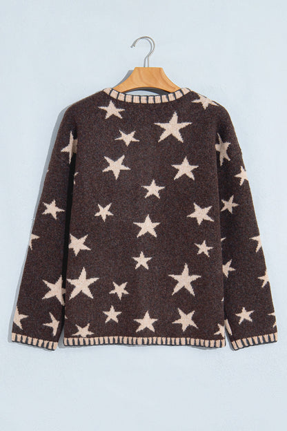 Brown Star Stripe Trim Long Sleeve Open Front Cardigan women's boutique fashion