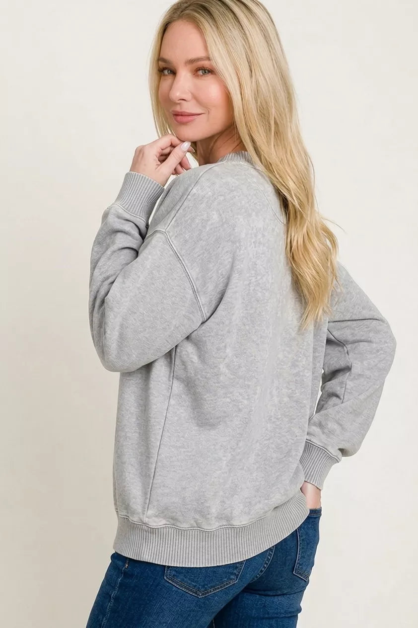 Sleet acid wash fleece sweatshirt with round neckline, vintage washed finish, cozy casual boutique style view 3
