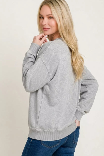 Sleet acid wash fleece sweatshirt with round neckline, vintage washed finish, cozy casual boutique style view 3
