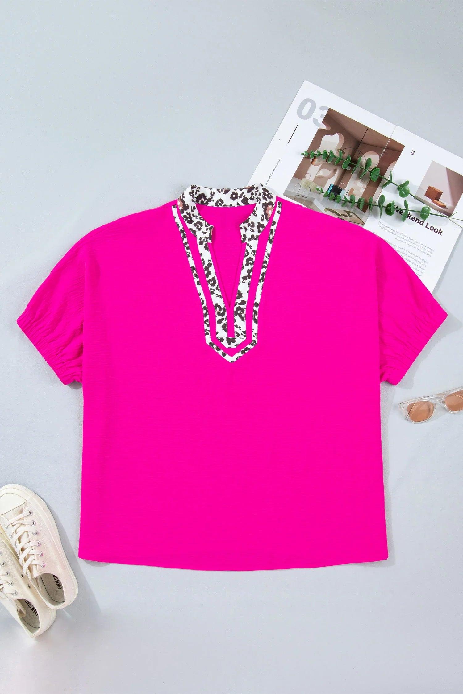 Plus size rose red leopard patchwork V-neck short sleeve top with relaxed dolman fit