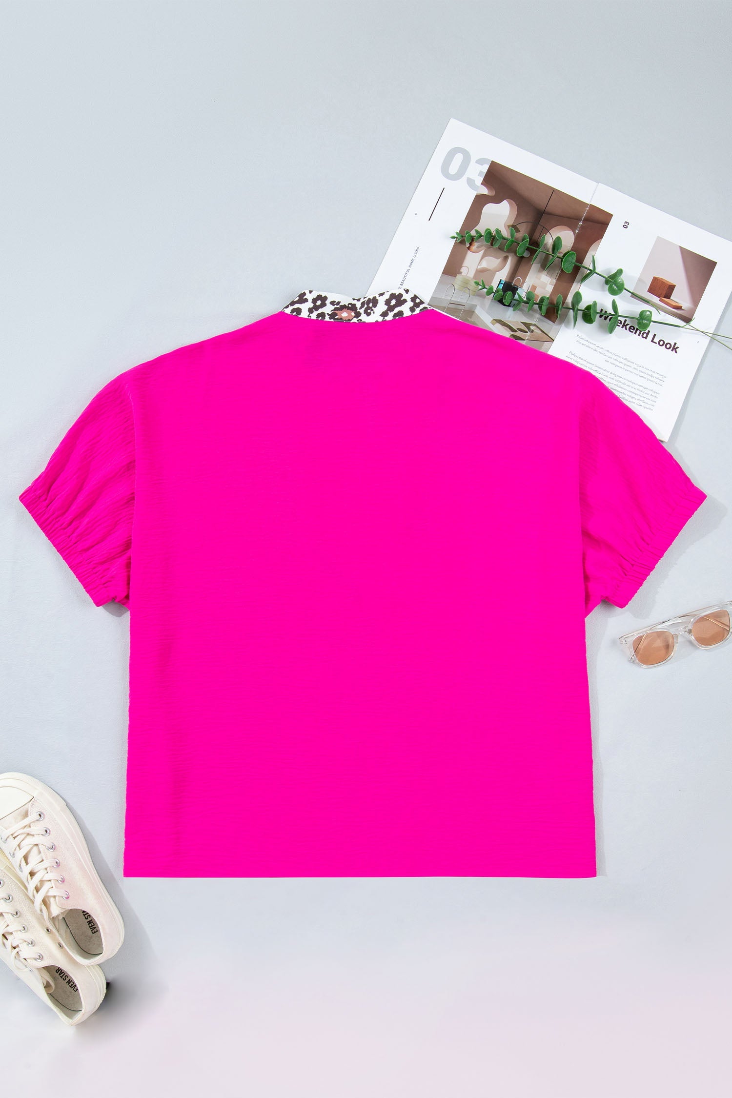 Plus size rose red leopard patchwork V-neck short sleeve top with relaxed dolman fit