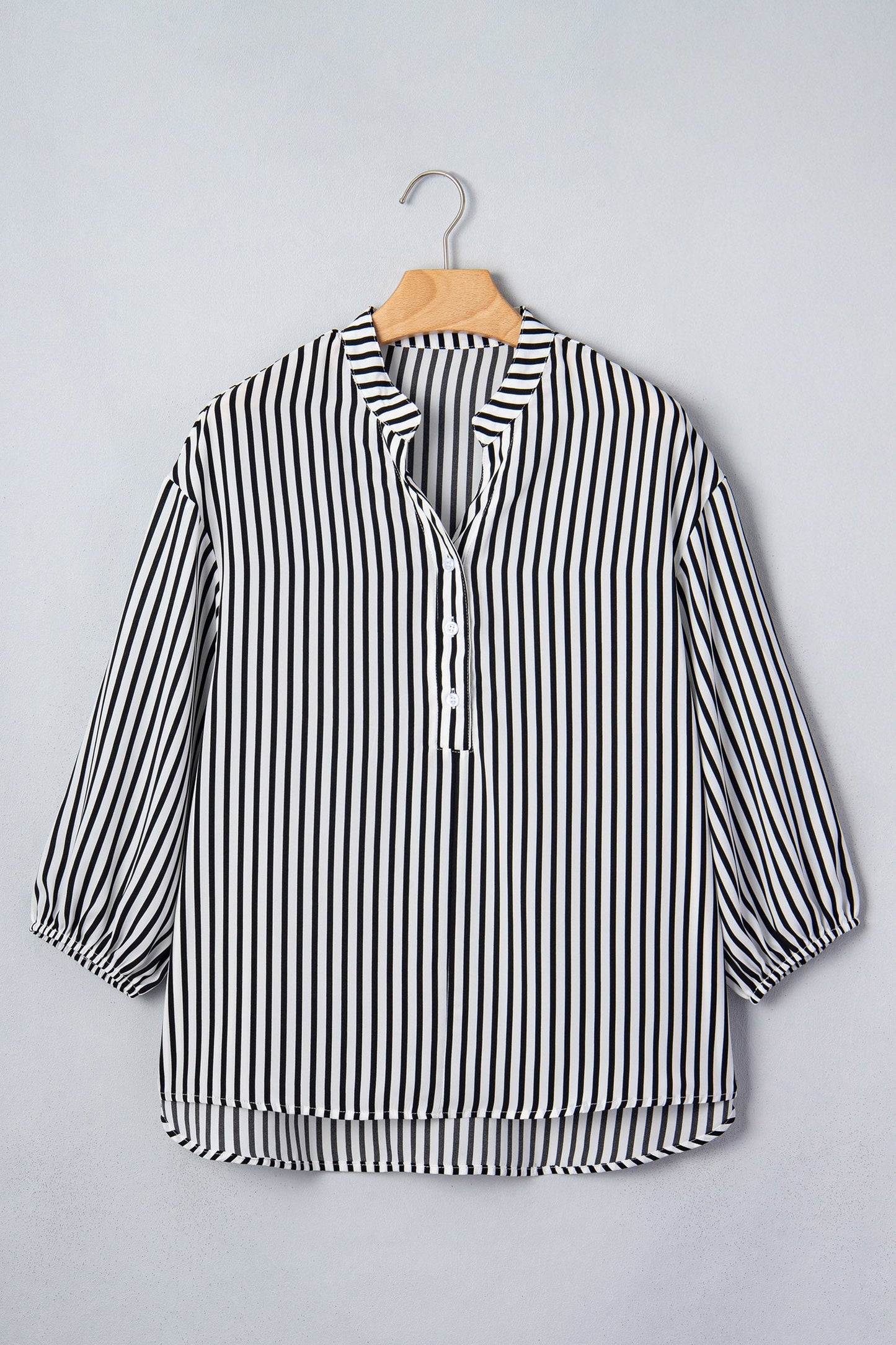 Black Stripe black stripe v-neck button up 3/4 sleeve shirt with boutique fashion styling