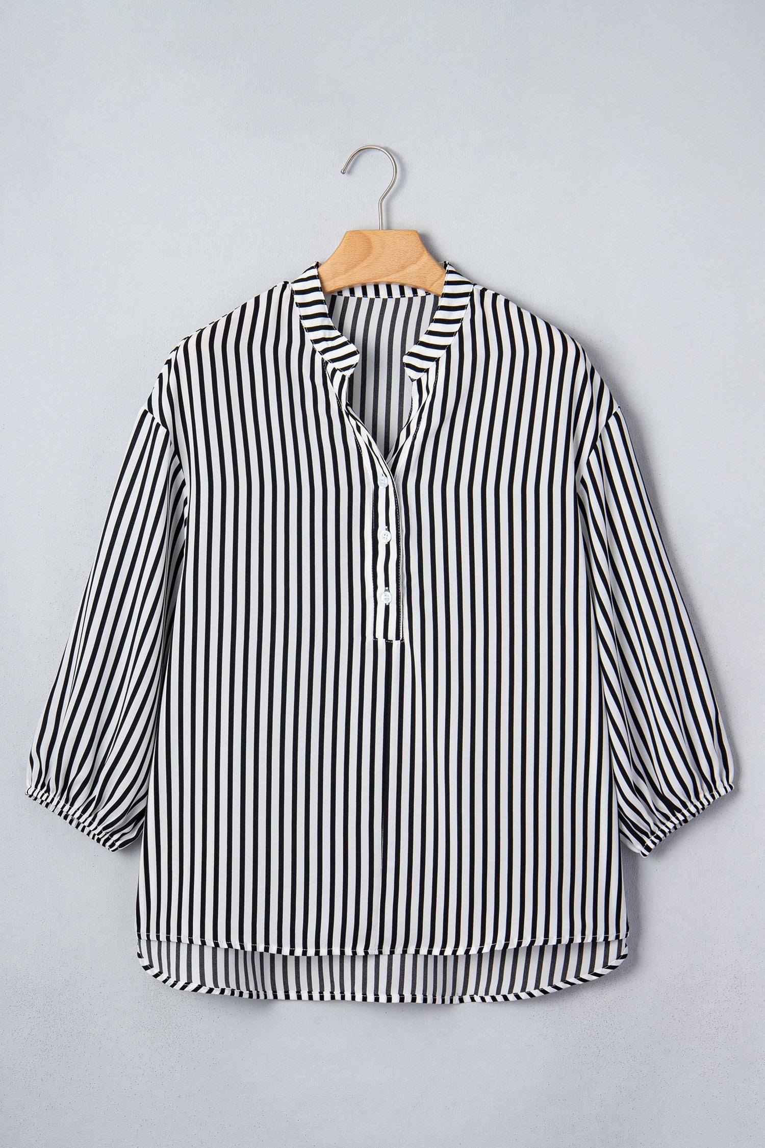 Black Stripe black stripe v-neck button up 3/4 sleeve shirt with boutique fashion styling