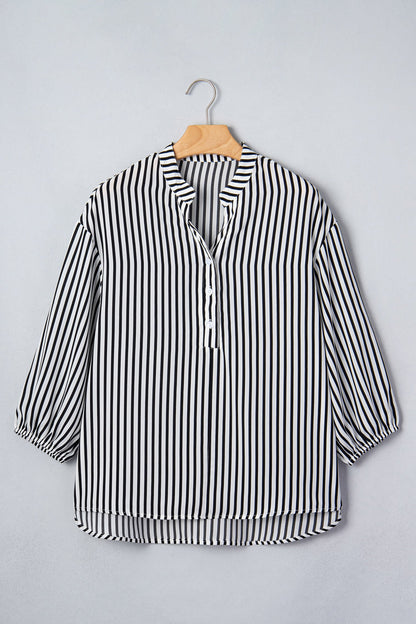 Black Stripe black stripe v-neck button up 3/4 sleeve shirt with boutique fashion styling