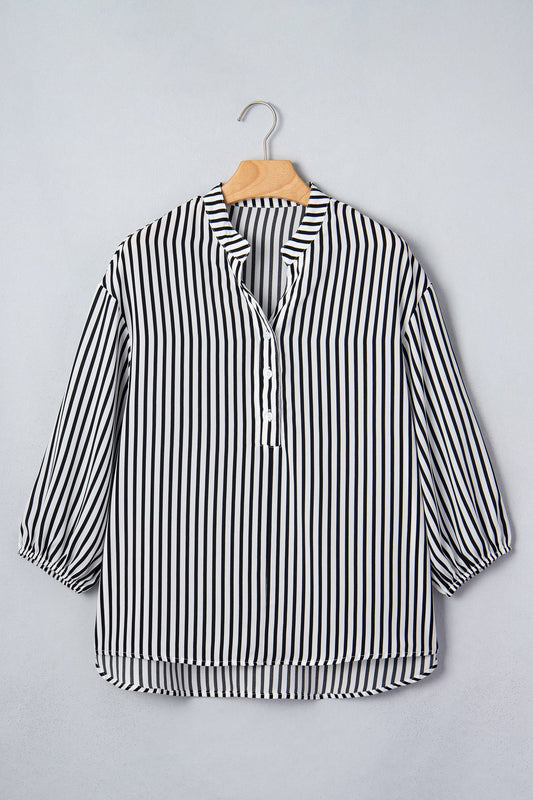 Black Stripe black stripe v-neck button up 3/4 sleeve shirt with boutique fashion styling